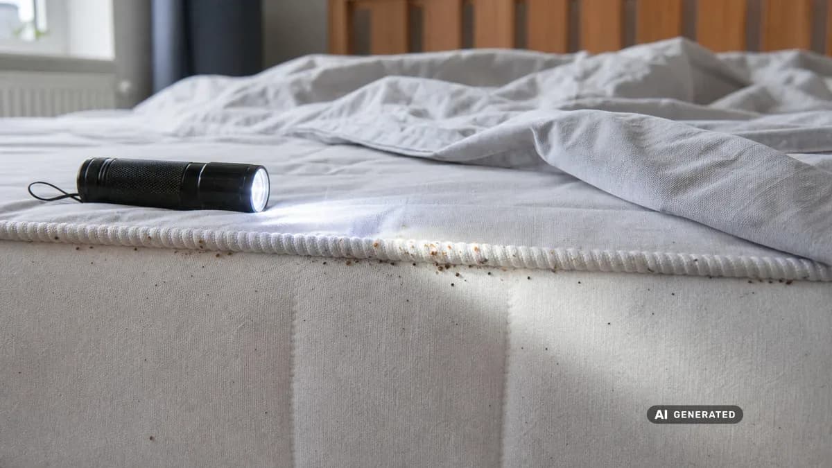 KI-generiertes Bild: Fachperson für Schädlingsbekämpfung leuchtet mit einer Taschenlampe eine Matratzennaht ab und hält Ausschau nach schwarzen Kotspuren von Bettwanzen