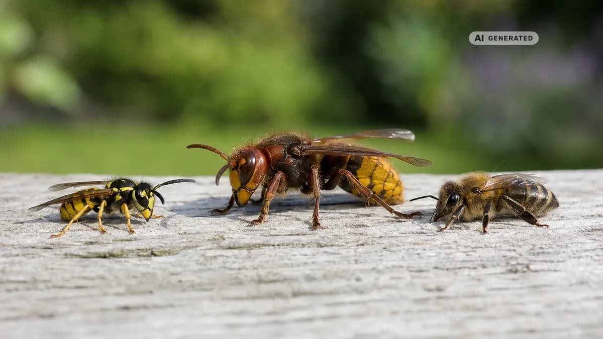 KI-generiertes Bild: Nahaufnahme von Wespe, Hornisse und Honigbiene nebeneinander zum Vergleich ihrer Unterschiede