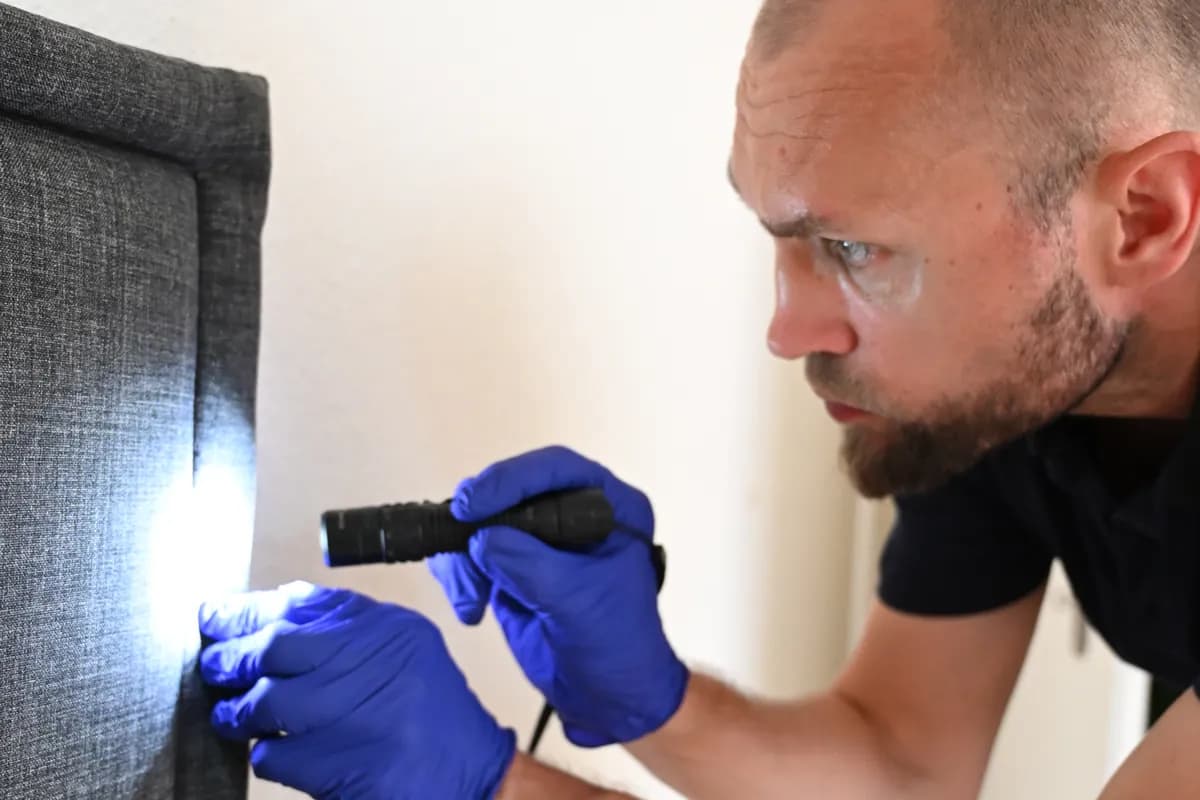 Kontrolle eines Bettgestells mit der Taschenlampe